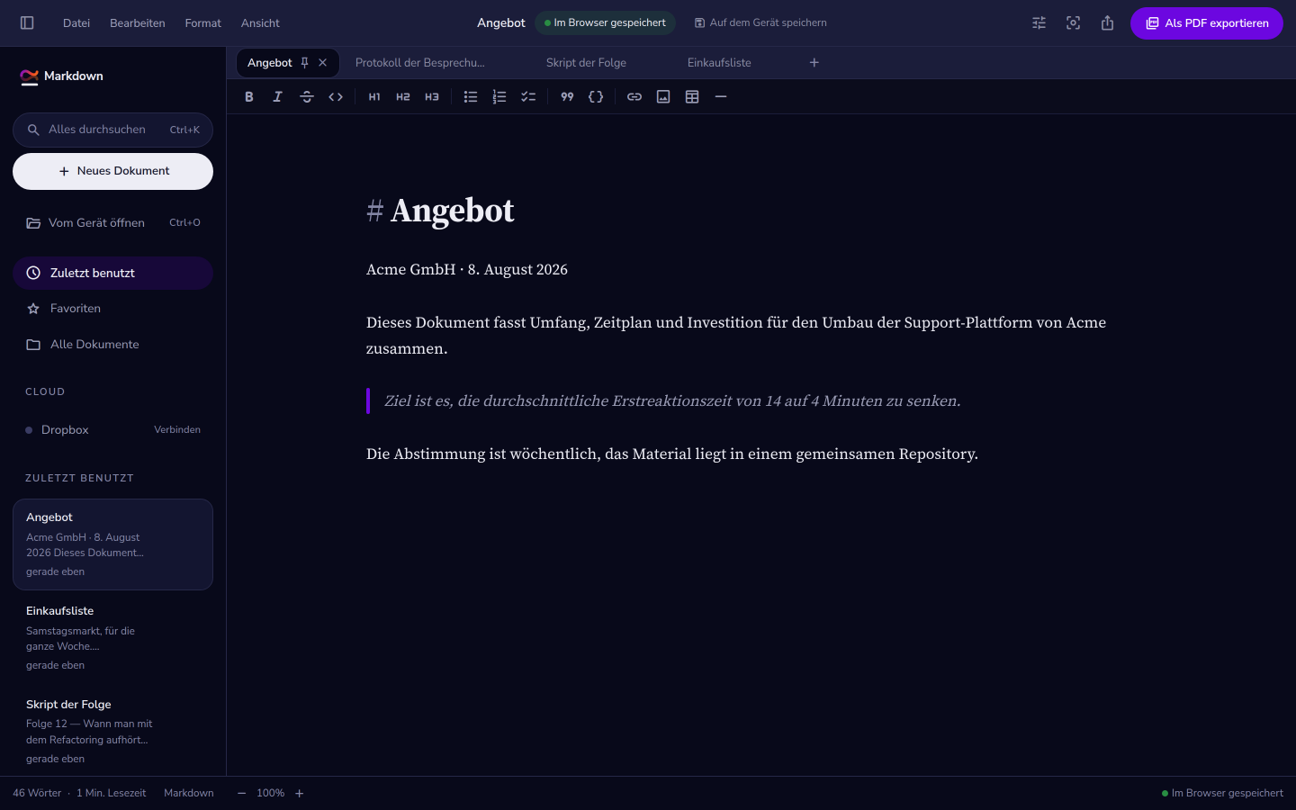 Der Editor mit einem geöffneten Dokument: Tableiste oben, Dokumentliste links und der Text in der mittleren Spalte.