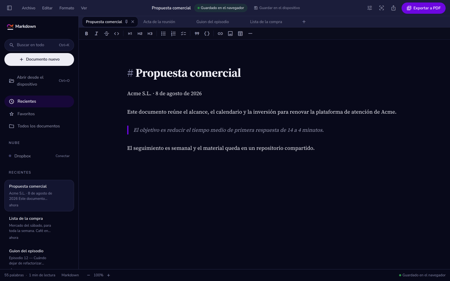 El editor con un documento abierto: barra de pestañas arriba, lista de documentos a la izquierda y el texto en la columna central.