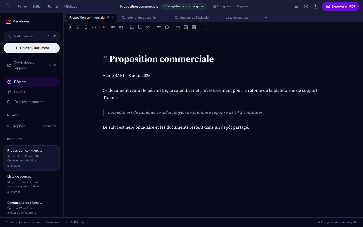 L’éditeur avec un document ouvert : barre d’onglets en haut, liste des documents à gauche et le texte dans la colonne centrale.