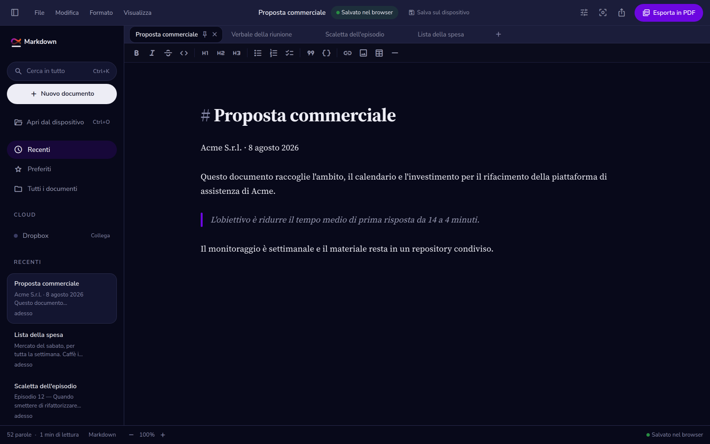 L’editor con un documento aperto: barra delle schede in alto, elenco dei documenti a sinistra e il testo nella colonna centrale.