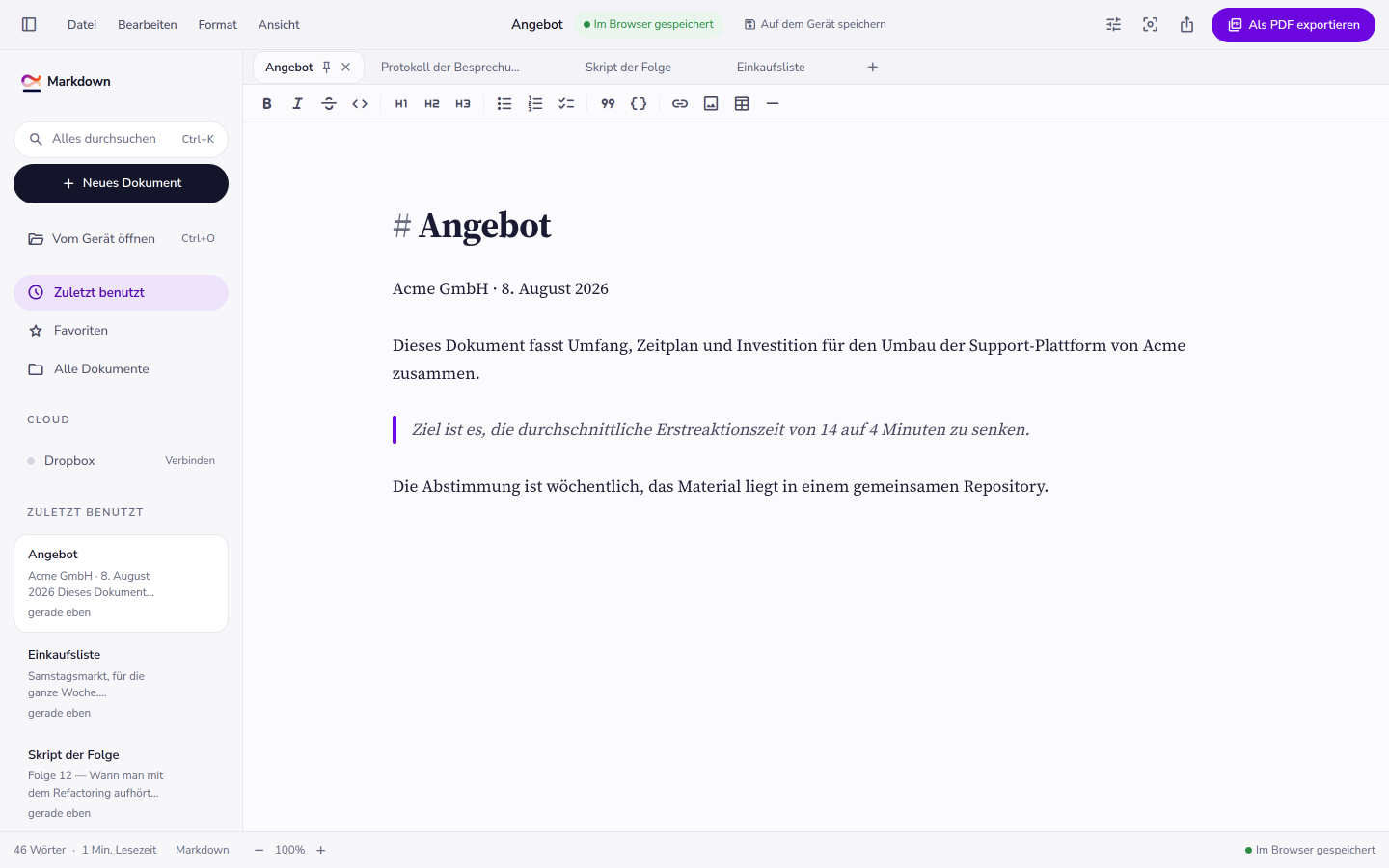 Der Editor mit einem geöffneten Dokument: Tableiste oben, Dokumentliste links und der Text in der mittleren Spalte.