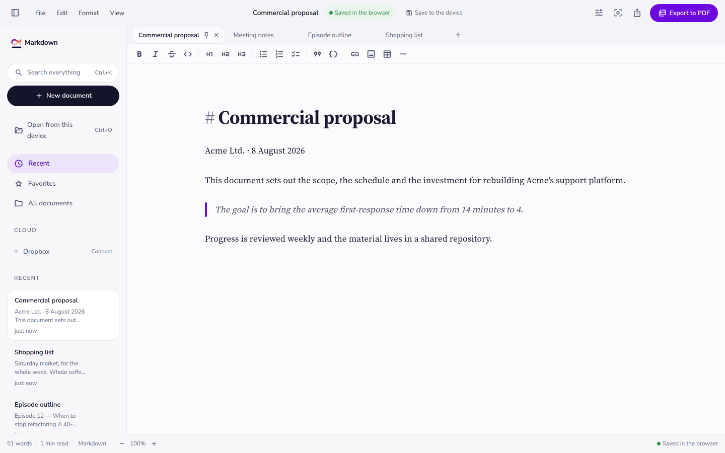 The editor with a document open: tab strip on top, document list on the left and the text in the centre column.